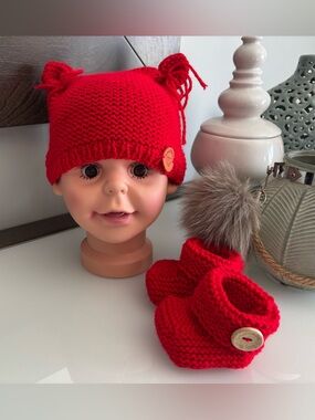 Red Knit Baby Hat with Pom-Pom Ears and booties